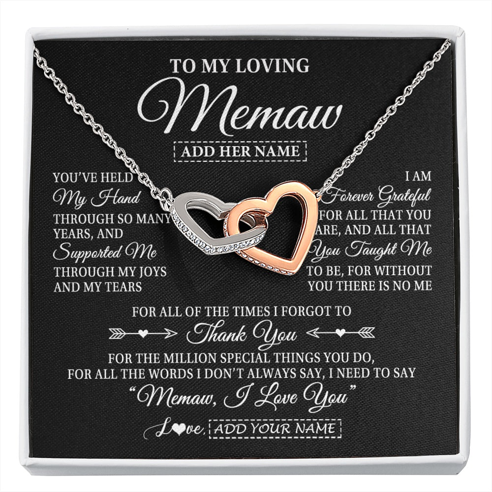 Interlocking Hearts Necklace Stainless Steel & Rose Gold Finish | 1 | Personalized To My Loving Memaw Necklace From Granddaughter You've Help My Hand Memaw Gift From Grandson Memaw Birthday Mothers Day Gift Box Message Card | https://siriusteestore.