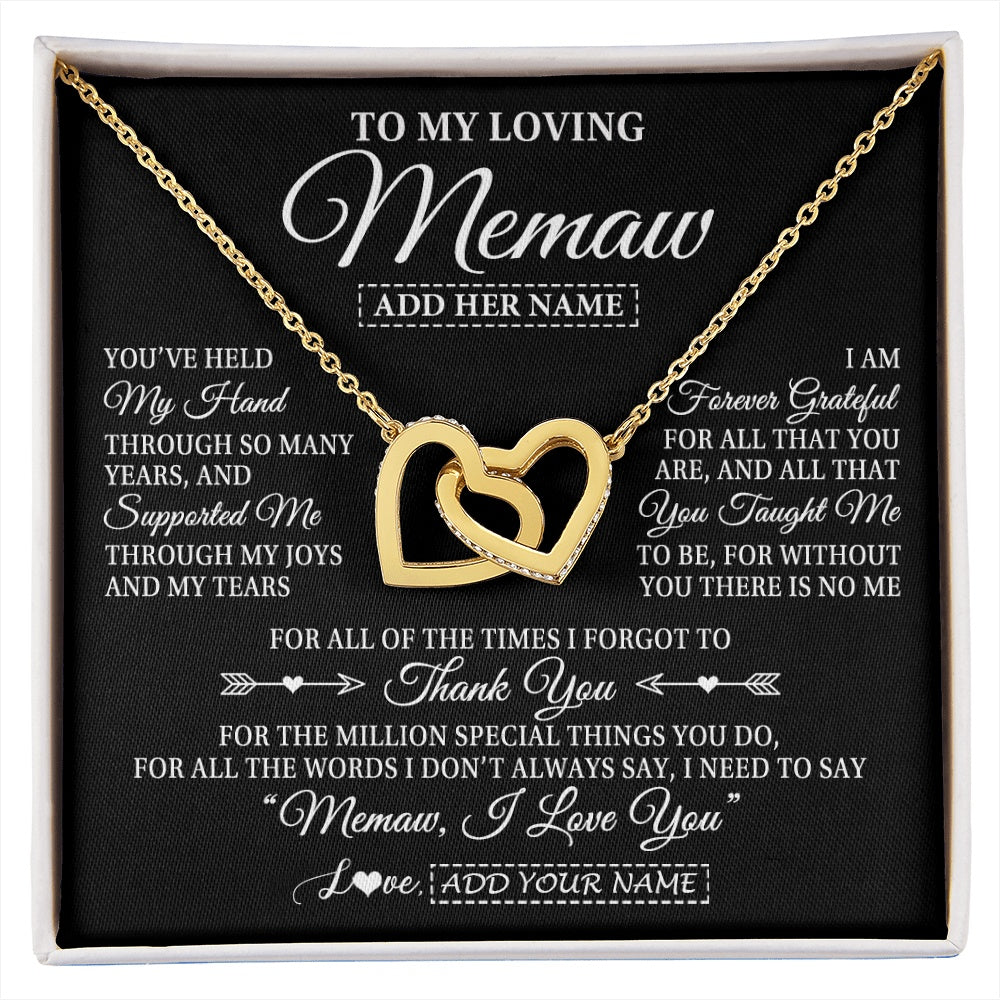 Interlocking Hearts Necklace 18K Yellow Gold Finish | 1 | Personalized To My Loving Memaw Necklace From Granddaughter You've Help My Hand Memaw Gift From Grandson Memaw Birthday Mothers Day Gift Box Message Card | https://siriusteestore.