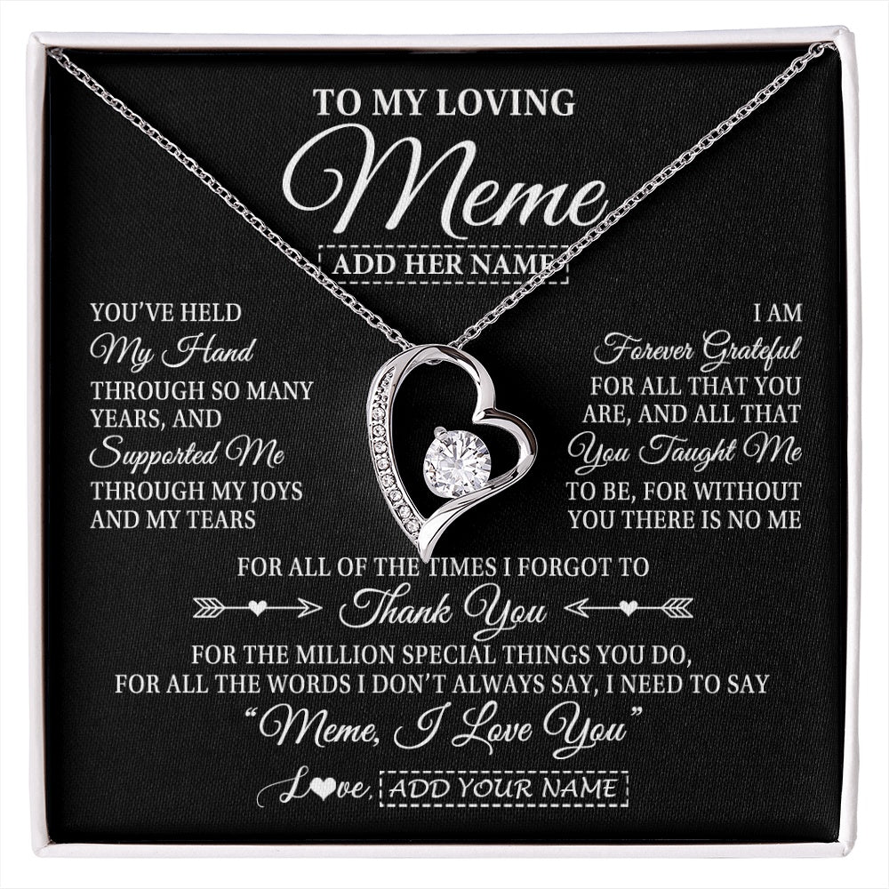 Forever Love Necklace 14K White Gold Finish | 1 | Personalized To My Loving Meme Necklace From Granddaughter You've Help My Hand Meme Gift From Grandson Meme Birthday Mothers Day Custom Gift Box Message Card | https://siriusteestore.