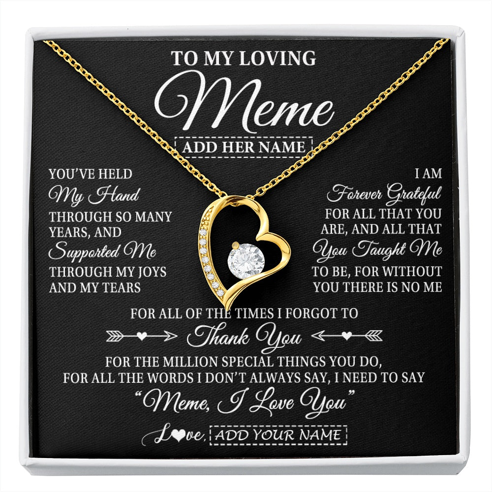 Forever Love Necklace 18K Yellow Gold Finish | 1 | Personalized To My Loving Meme Necklace From Granddaughter You've Help My Hand Meme Gift From Grandson Meme Birthday Mothers Day Custom Gift Box Message Card | https://siriusteestore.