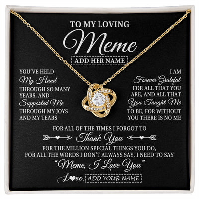 Love Knot Necklace 18K Yellow Gold Finish | 1 | Personalized To My Loving Meme Necklace From Granddaughter You've Help My Hand Meme Gift From Grandson Meme Birthday Mothers Day Custom Gift Box Message Card | https://siriusteestore.
