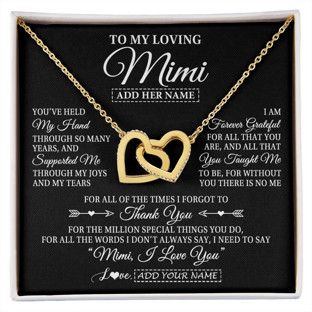 Interlocking Hearts Necklace 18K Yellow Gold Finish | 1 | Personalized To My Loving Mimi Necklace From Granddaughter You've Help My Hand Mimi Gift From Grandson Mimi Birthday Mothers Day Custom Gift Box Message Card | https://siriusteestore.