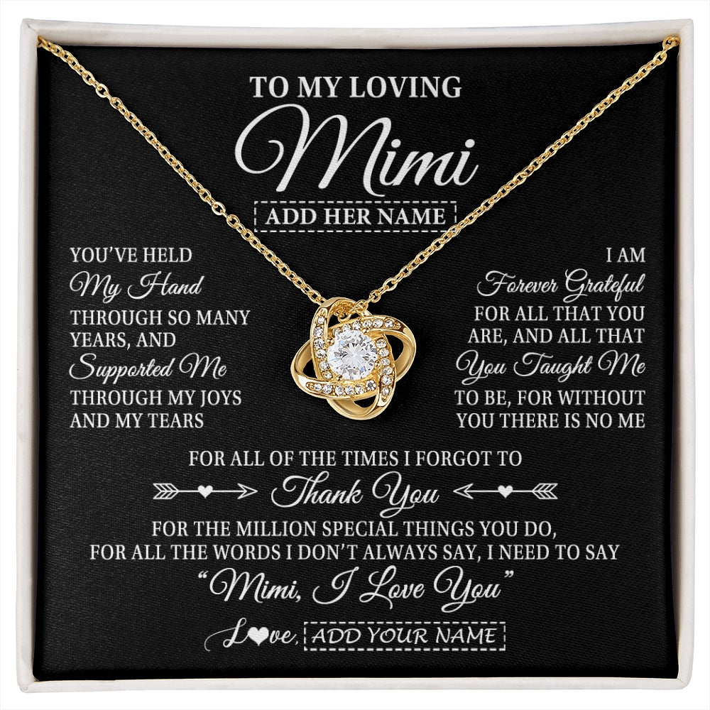 Love Knot Necklace 18K Yellow Gold Finish | 1 | Personalized To My Loving Mimi Necklace From Granddaughter You've Help My Hand Mimi Gift From Grandson Mimi Birthday Mothers Day Custom Gift Box Message Card | https://siriusteestore.
