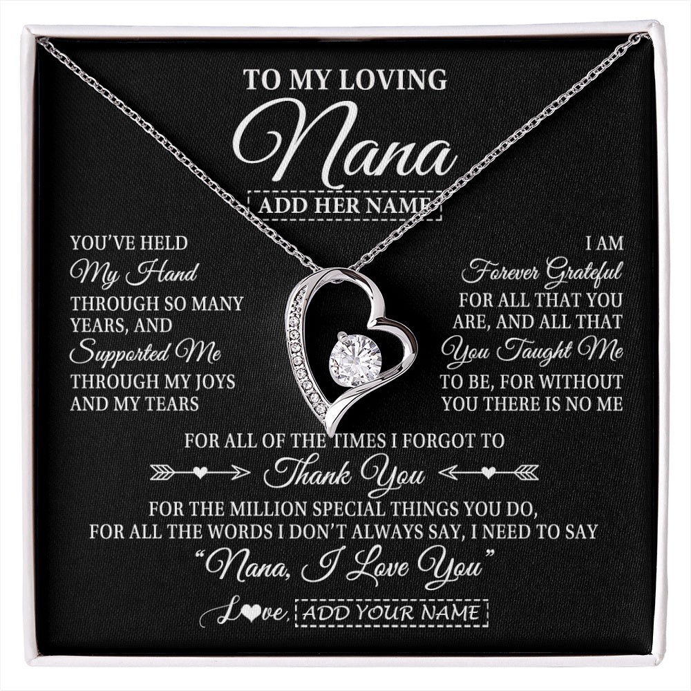 Forever Love Necklace 14K White Gold Finish | 1 | Personalized To My Loving Nana Necklace From Granddaughter You've Help My Hand Nana Gift From Grandson Nana Birthday Gifts Mothers Day Gift Box Message Card | https://siriusteestore.