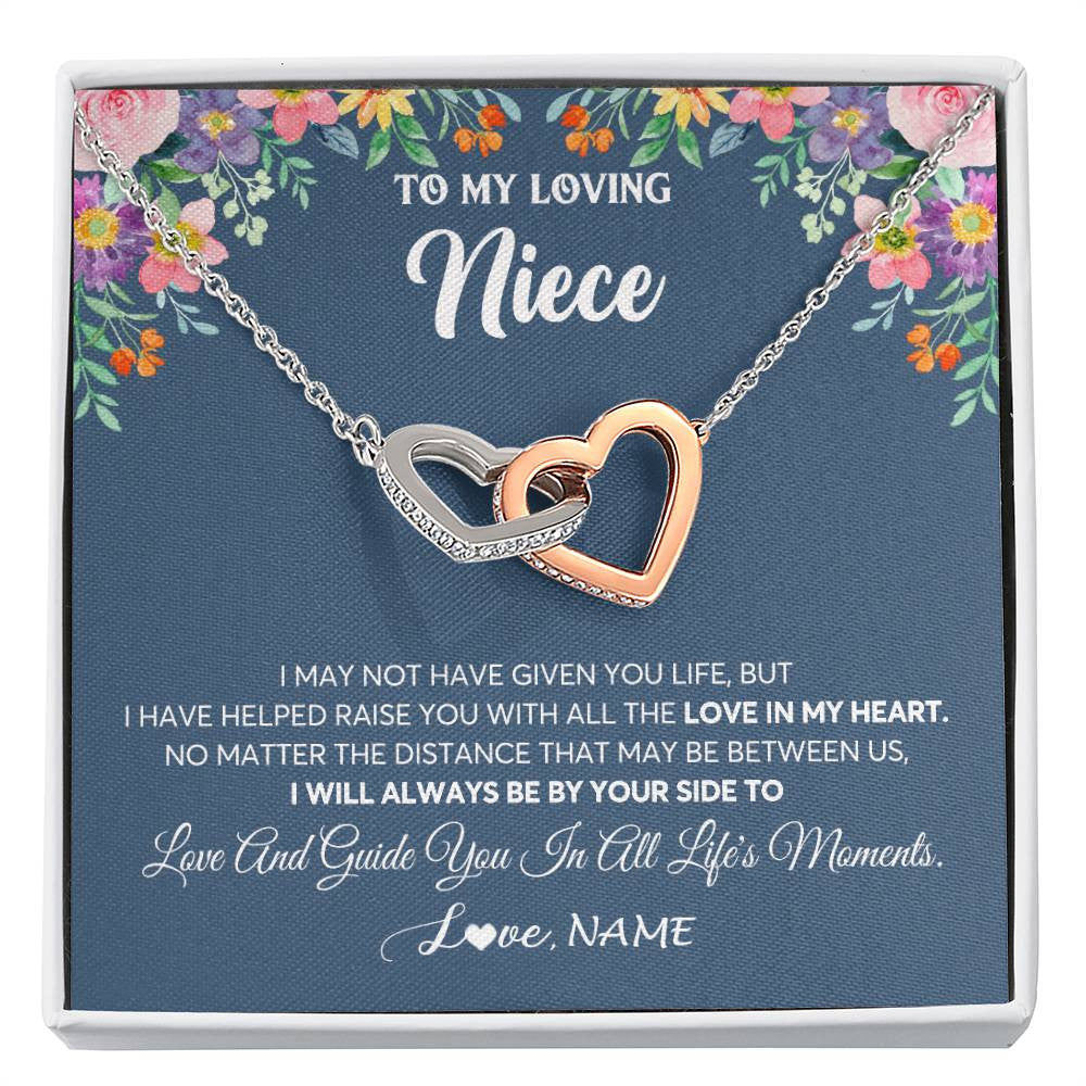 Interlocking Hearts Necklace Stainless Steel & Rose Gold Finish | 1 | Personalized To My Loving Niece Necklace From Aunt Auntie No Matter The Distance Niece Birthday Christmas Jewelry Present Customized Gift Box Message Card | siriusteestore
