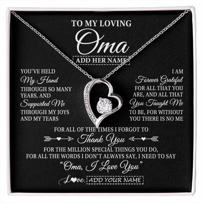 Forever Love Necklace 14K White Gold Finish | 1 | Personalized To My Loving Oma Necklace From Granddaughter You've Help My Hand Oma Gift From Grandson Oma Birthday Gifts Mothers Day Gift Box Message Card | https://siriusteestore.