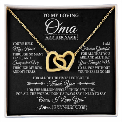 Interlocking Hearts Necklace 18K Yellow Gold Finish | 1 | Personalized To My Loving Oma Necklace From Granddaughter You've Help My Hand Oma Gift From Grandson Oma Birthday Gifts Mothers Day Gift Box Message Card | https://siriusteestore.