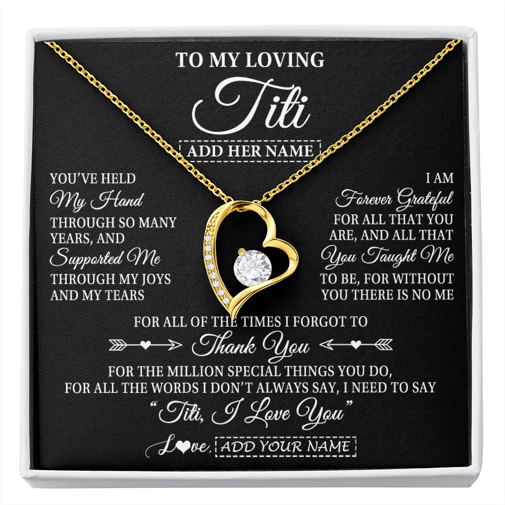 Forever Love Necklace 18K Yellow Gold Finish | 1 | Personalized To My Loving Titi Necklace From Niece You've Help My Hand Aunt Gift From Nephew Aunt Birthday Gifts Mothers Day Custom Gift Box Message Card | https://siriusteestore.
