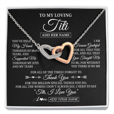 Interlocking Hearts Necklace Stainless Steel & Rose Gold Finish | 1 | Personalized To My Loving Titi Necklace From Niece You've Help My Hand Aunt Gift From Nephew Aunt Birthday Gifts Mothers Day Custom Gift Box Message Card | https://siriusteestore.