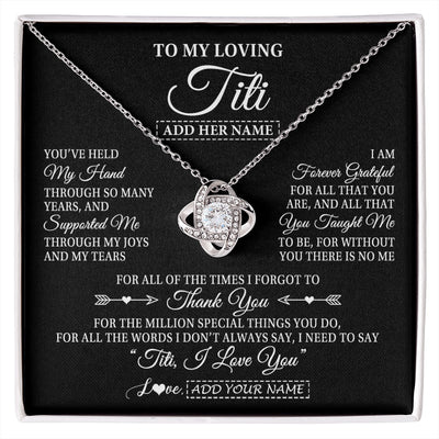 Love Knot Necklace 14K White Gold Finish | 1 | Personalized To My Loving Titi Necklace From Niece You've Help My Hand Aunt Gift From Nephew Aunt Birthday Gifts Mothers Day Custom Gift Box Message Card | https://siriusteestore.