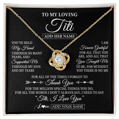 Love Knot Necklace 18K Yellow Gold Finish | 1 | Personalized To My Loving Titi Necklace From Niece You've Help My Hand Aunt Gift From Nephew Aunt Birthday Gifts Mothers Day Custom Gift Box Message Card | https://siriusteestore.