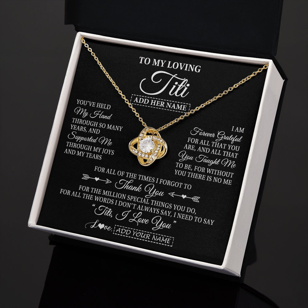 Love Knot Necklace 18K Yellow Gold Finish | 2 | Personalized To My Loving Titi Necklace From Niece You've Help My Hand Aunt Gift From Nephew Aunt Birthday Gifts Mothers Day Custom Gift Box Message Card | https://siriusteestore.