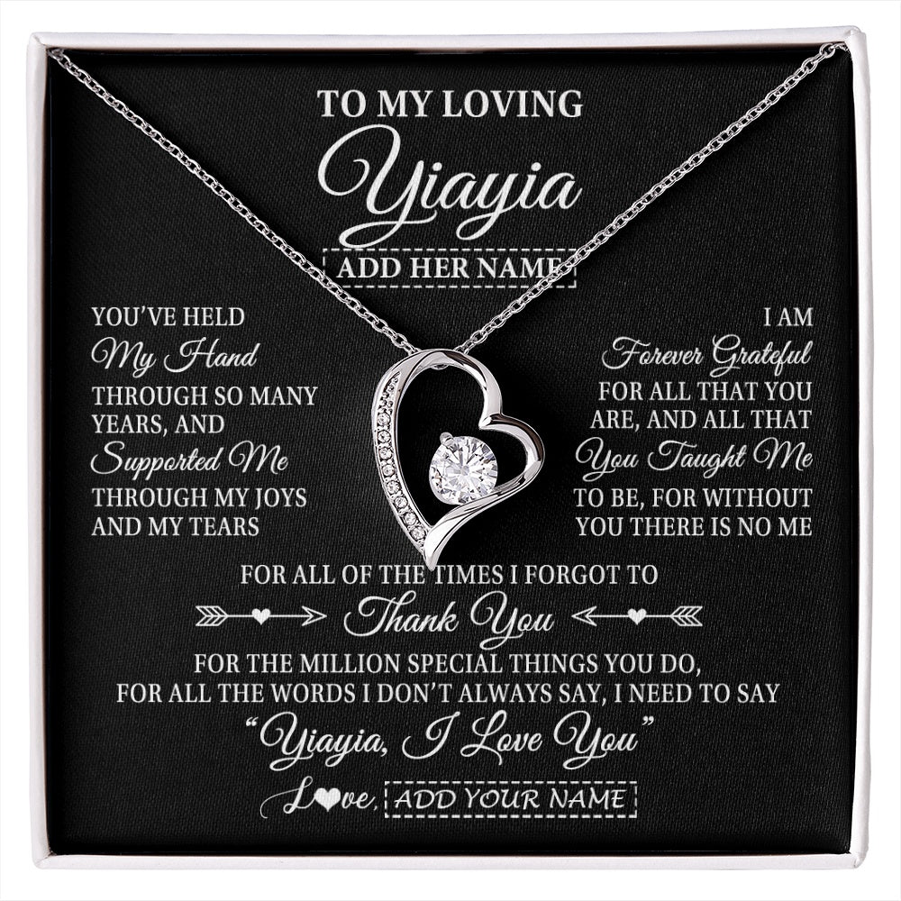 Forever Love Necklace 14K White Gold Finish | 1 | Personalized To My Loving Yiayia Necklace From Granddaughter You've Help My Hand Yiayia Gift From Grandson Yiayia Birthday Mothers Day Gift Box Message Card | https://siriusteestore.