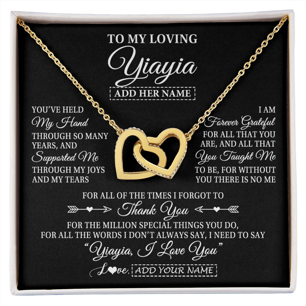 Interlocking Hearts Necklace 18K Yellow Gold Finish | 1 | Personalized To My Loving Yiayia Necklace From Granddaughter You've Help My Hand Yiayia Gift From Grandson Yiayia Birthday Mothers Day Gift Box Message Card | https://siriusteestore.