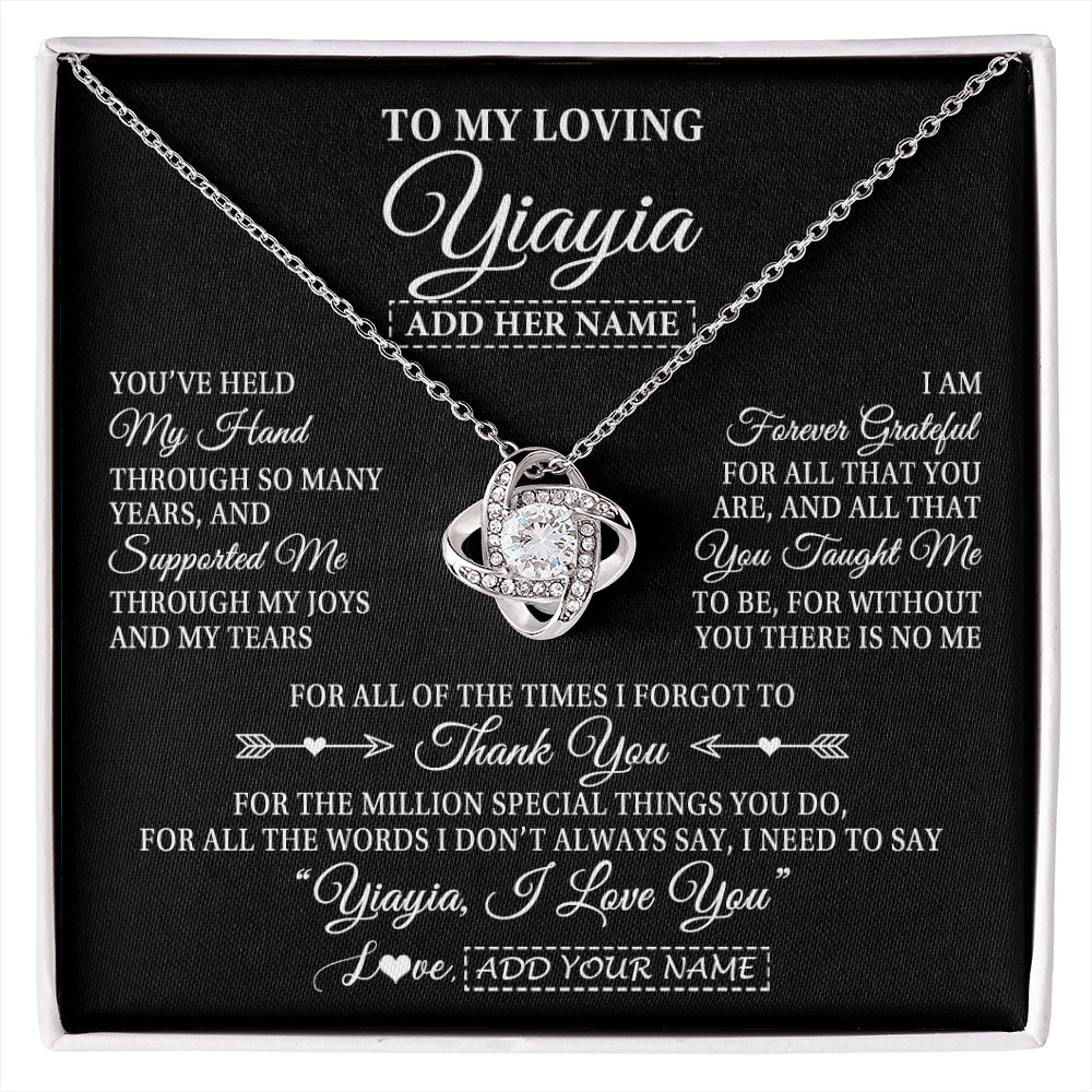 Love Knot Necklace 14K White Gold Finish | 1 | Personalized To My Loving Yiayia Necklace From Granddaughter You've Help My Hand Yiayia Gift From Grandson Yiayia Birthday Mothers Day Gift Box Message Card | https://siriusteestore.
