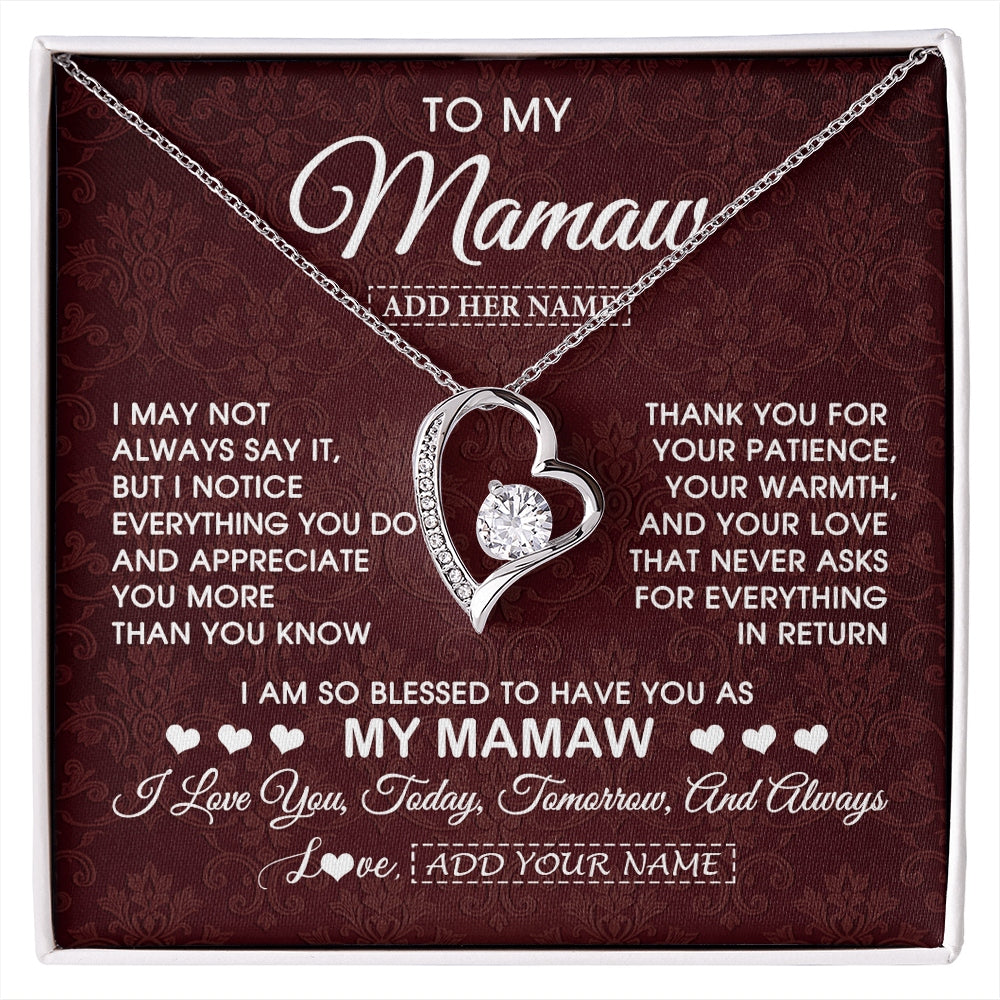 Forever Love Necklace 14K White Gold Finish | 1 | Personalized To My Mamaw Gifts From Granddaughter Necklace Meaningful Jewelry Pendant Gifts For Mamaw Mothers Day Birthday Christmas Gift Box Message Card | https://siriusteestore.
