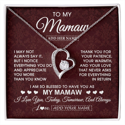 Forever Love Necklace 14K White Gold Finish | 1 | Personalized To My Mamaw Gifts From Granddaughter Necklace Meaningful Jewelry Pendant Gifts For Mamaw Mothers Day Birthday Christmas Gift Box Message Card | https://siriusteestore.