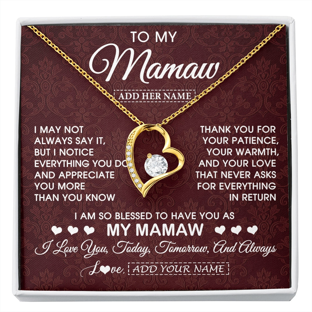 Forever Love Necklace 18K Yellow Gold Finish | 1 | Personalized To My Mamaw Gifts From Granddaughter Necklace Meaningful Jewelry Pendant Gifts For Mamaw Mothers Day Birthday Christmas Gift Box Message Card | https://siriusteestore.