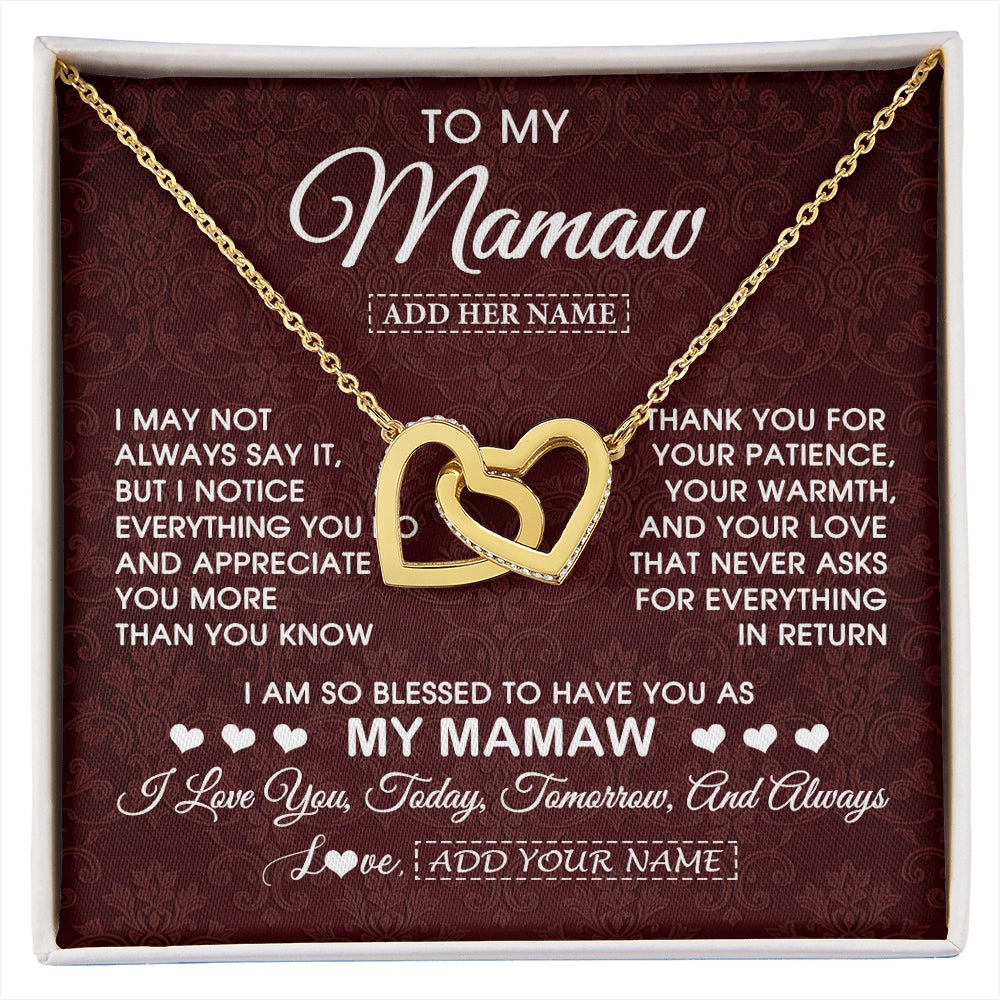 Interlocking Hearts Necklace 18K Yellow Gold Finish | 1 | Personalized To My Mamaw Gifts From Granddaughter Necklace Meaningful Jewelry Pendant Gifts For Mamaw Mothers Day Birthday Christmas Gift Box Message Card | https://siriusteestore.