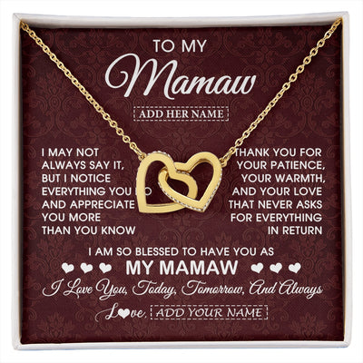 Interlocking Hearts Necklace 18K Yellow Gold Finish | 1 | Personalized To My Mamaw Gifts From Granddaughter Necklace Meaningful Jewelry Pendant Gifts For Mamaw Mothers Day Birthday Christmas Gift Box Message Card | https://siriusteestore.