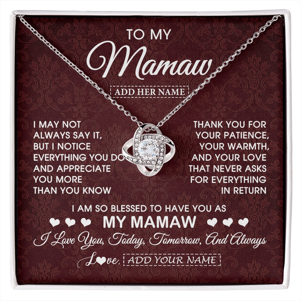 Love Knot Necklace 14K White Gold Finish | 1 | Personalized To My Mamaw Gifts From Granddaughter Necklace Meaningful Jewelry Pendant Gifts For Mamaw Mothers Day Birthday Christmas Gift Box Message Card | https://siriusteestore.