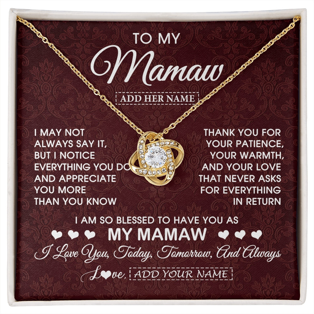 Love Knot Necklace 18K Yellow Gold Finish | 1 | Personalized To My Mamaw Gifts From Granddaughter Necklace Meaningful Jewelry Pendant Gifts For Mamaw Mothers Day Birthday Christmas Gift Box Message Card | https://siriusteestore.