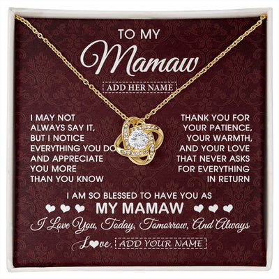 Love Knot Necklace 18K Yellow Gold Finish | 1 | Personalized To My Mamaw Gifts From Granddaughter Necklace Meaningful Jewelry Pendant Gifts For Mamaw Mothers Day Birthday Christmas Gift Box Message Card | https://siriusteestore.