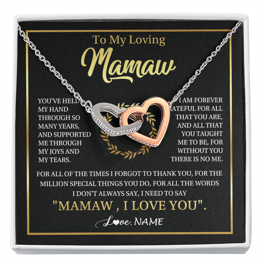 Interlocking Hearts Necklace Stainless Steel & Rose Gold Finish | 1 | Personalized To My Mamaw Gifts Necklace From Granddaughter Grandson Grateful Thank You Mamaw Birthday Mothers Day Jewelry Customized Gift Box Message Card | siriusteestore