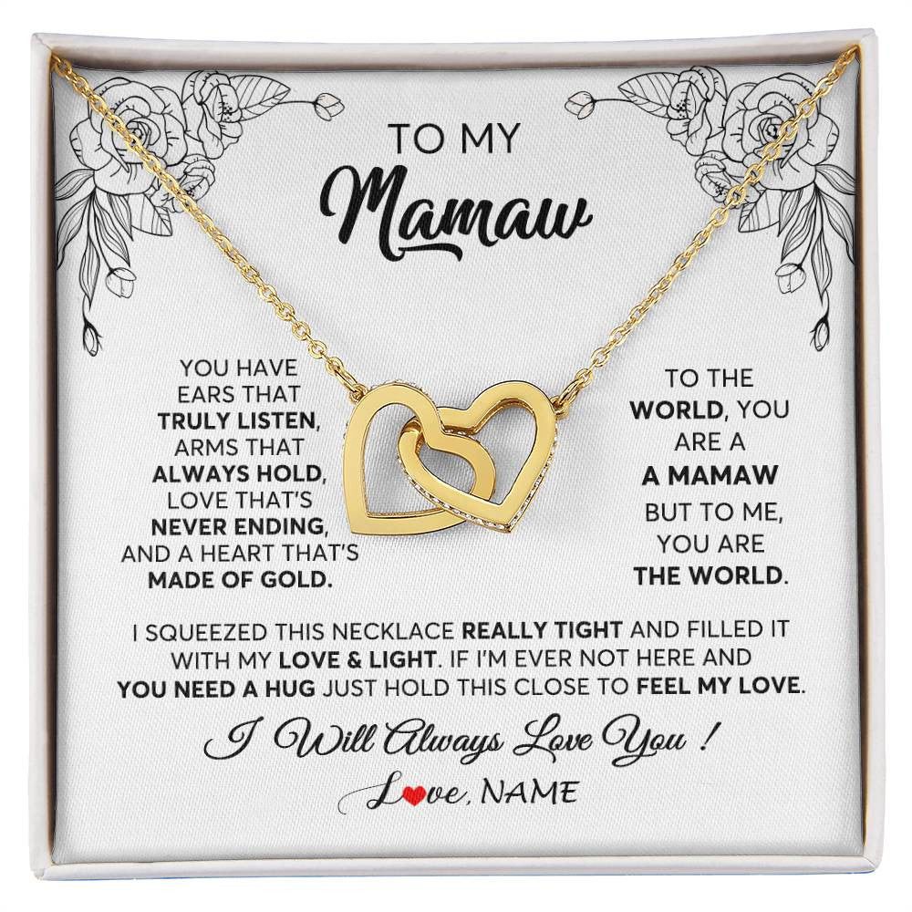 Interlocking Hearts Necklace 18K Yellow Gold Finish | 1 | Personalized To My Mamaw Necklace From Grandkids Granddaughter Hold This Close Feel My Love Mamaw Birthday Mothers Day Jewelry Customized Gift Box Message Card | siriusteestore