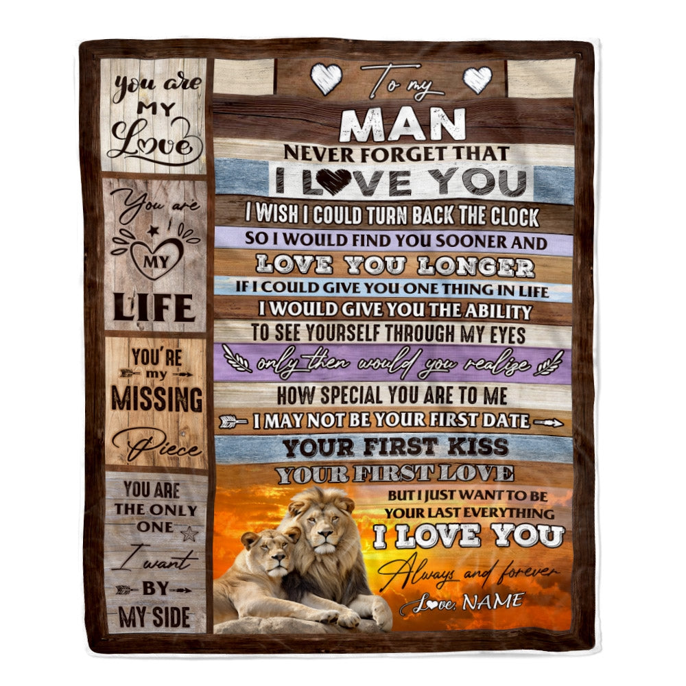 Personalized To My Man Blanket For Him Never Forget I Love You Couple Lion Husband Birthday Anniversary Valentines Day Christmas Customized Fleece Blanket | siriusteestore