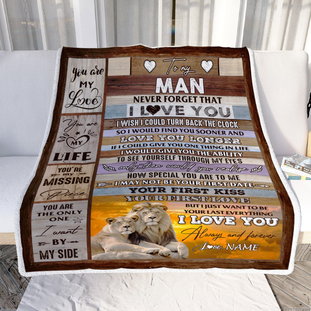 Personalized To My Man Blanket For Him Never Forget I Love You Couple Lion Husband Birthday Anniversary Valentines Day Christmas Customized Fleece Blanket | siriusteestore