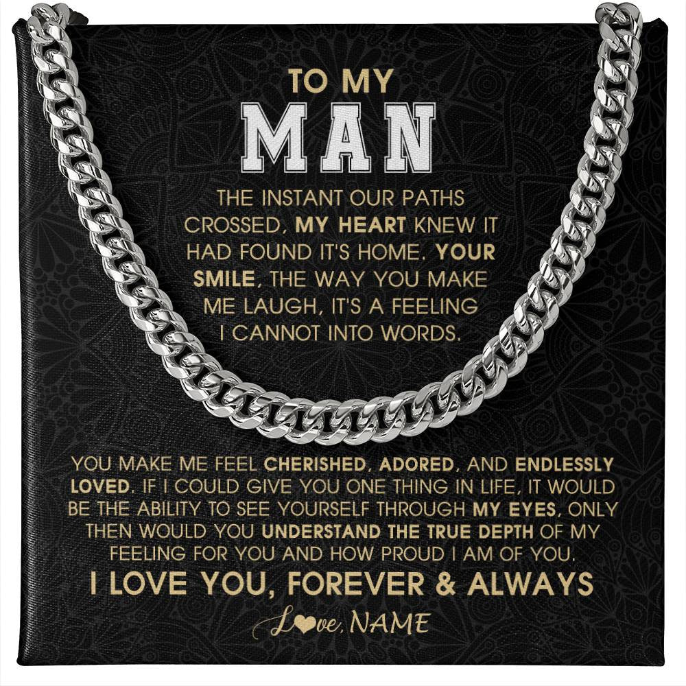 Cuban Link Chain Necklace Stainless Steel | 1 | Personalized To My Man Necklace The Instant Our Paths Crossed Boyfriend Fiancé Husband Valentines Day Birthday Christmas Customized Gift Box Message Card | siriusteestore