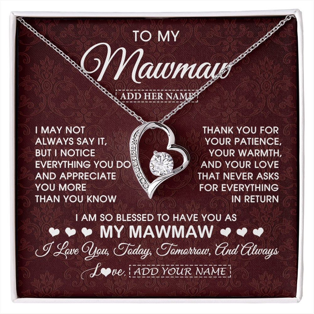 Forever Love Necklace 14K White Gold Finish | 1 | Personalized To My Mawmaw Gifts From Granddaughter Necklace Meaningful Jewelry Pendant Gifts For Mawmaw Mothers Day Birthday Christmas Gift Box Message Card | https://siriusteestore.