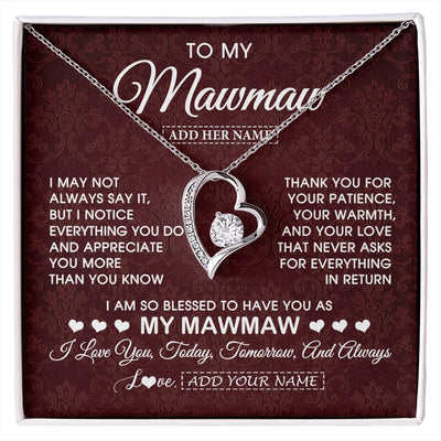 Forever Love Necklace 14K White Gold Finish | 1 | Personalized To My Mawmaw Gifts From Granddaughter Necklace Meaningful Jewelry Pendant Gifts For Mawmaw Mothers Day Birthday Christmas Gift Box Message Card | https://siriusteestore.