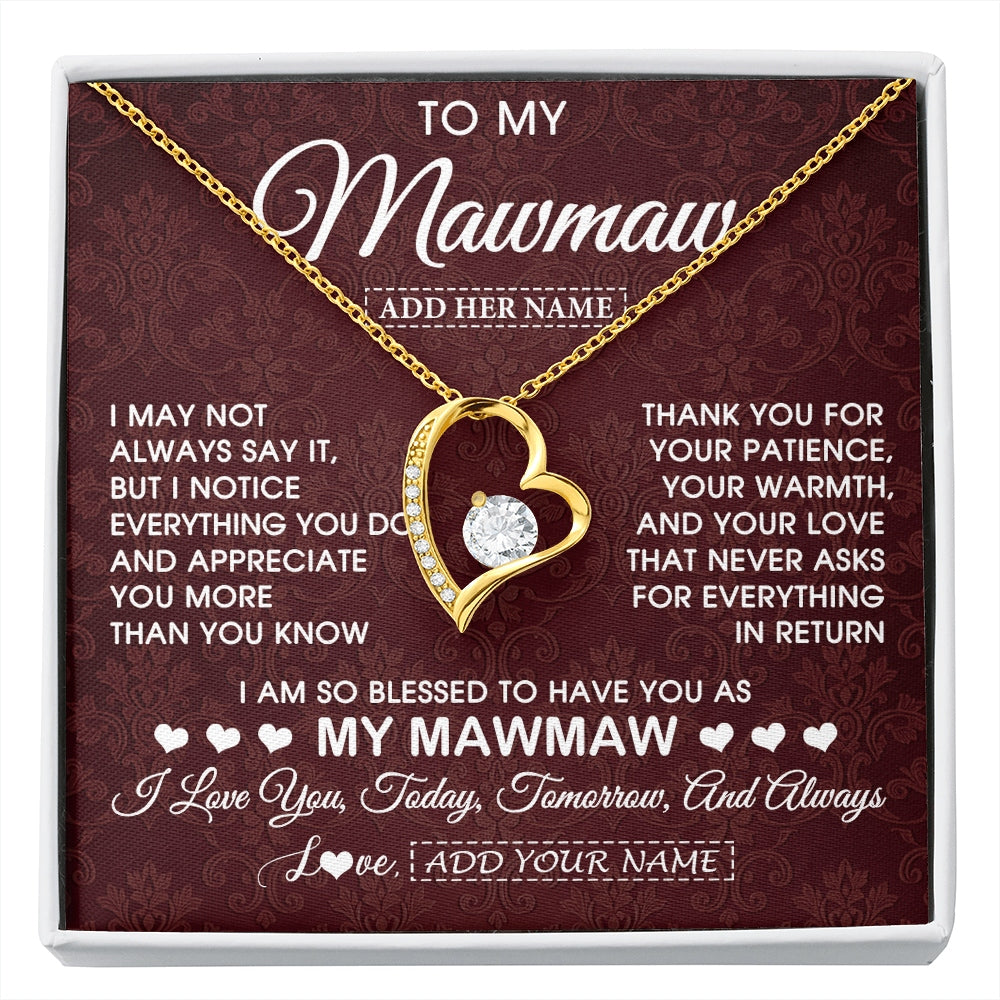 Forever Love Necklace 18K Yellow Gold Finish | 1 | Personalized To My Mawmaw Gifts From Granddaughter Necklace Meaningful Jewelry Pendant Gifts For Mawmaw Mothers Day Birthday Christmas Gift Box Message Card | https://siriusteestore.