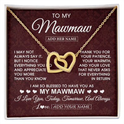 Interlocking Hearts Necklace 18K Yellow Gold Finish | 1 | Personalized To My Mawmaw Gifts From Granddaughter Necklace Meaningful Jewelry Pendant Gifts For Mawmaw Mothers Day Birthday Christmas Gift Box Message Card | https://siriusteestore.