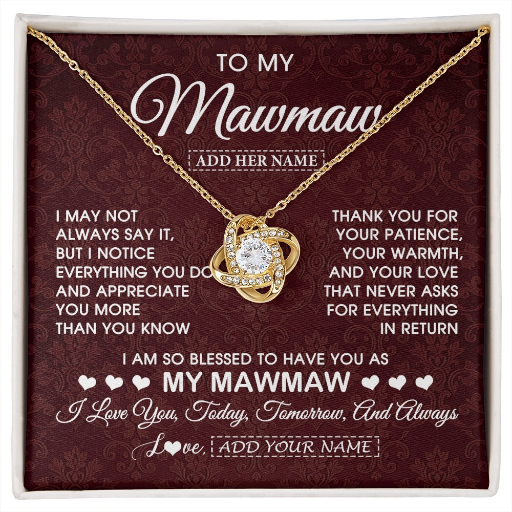 Love Knot Necklace 18K Yellow Gold Finish | 1 | Personalized To My Mawmaw Gifts From Granddaughter Necklace Meaningful Jewelry Pendant Gifts For Mawmaw Mothers Day Birthday Christmas Gift Box Message Card | https://siriusteestore.