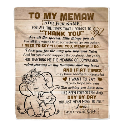 Personalized To My Memaw Gift Blanket From Granddaughter Grandson Elephant Thank You Best Memaw Birthday Gifts Mothers Day Christmas Custom Name Fleece Blanket | siriusteestore