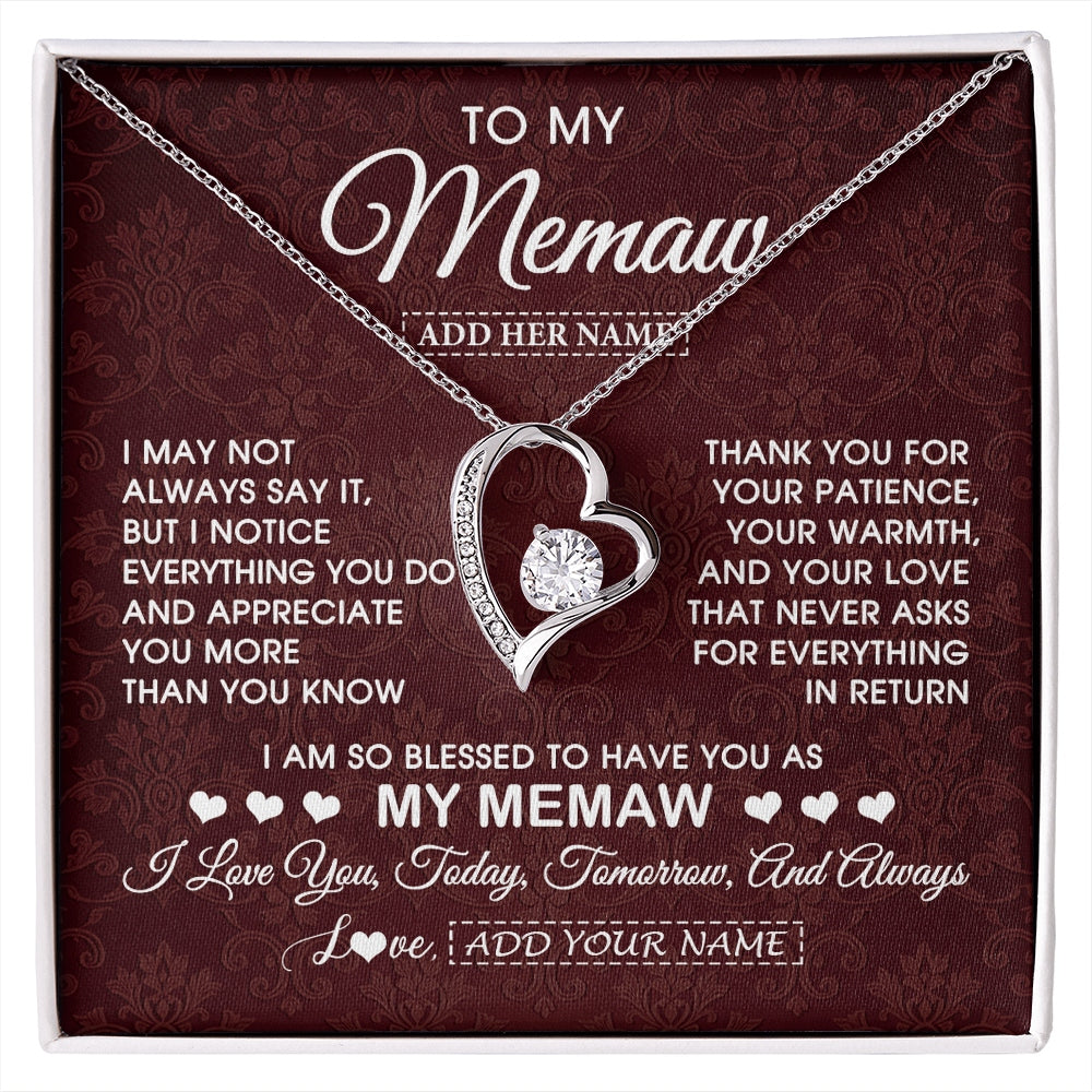 Forever Love Necklace 14K White Gold Finish | 1 | Personalized To My Memaw Gifts From Granddaughter Necklace Meaningful Jewelry Pendant Gifts For Memaw Mothers Day Birthday Christmas Gift Box Message Card | https://siriusteestore.