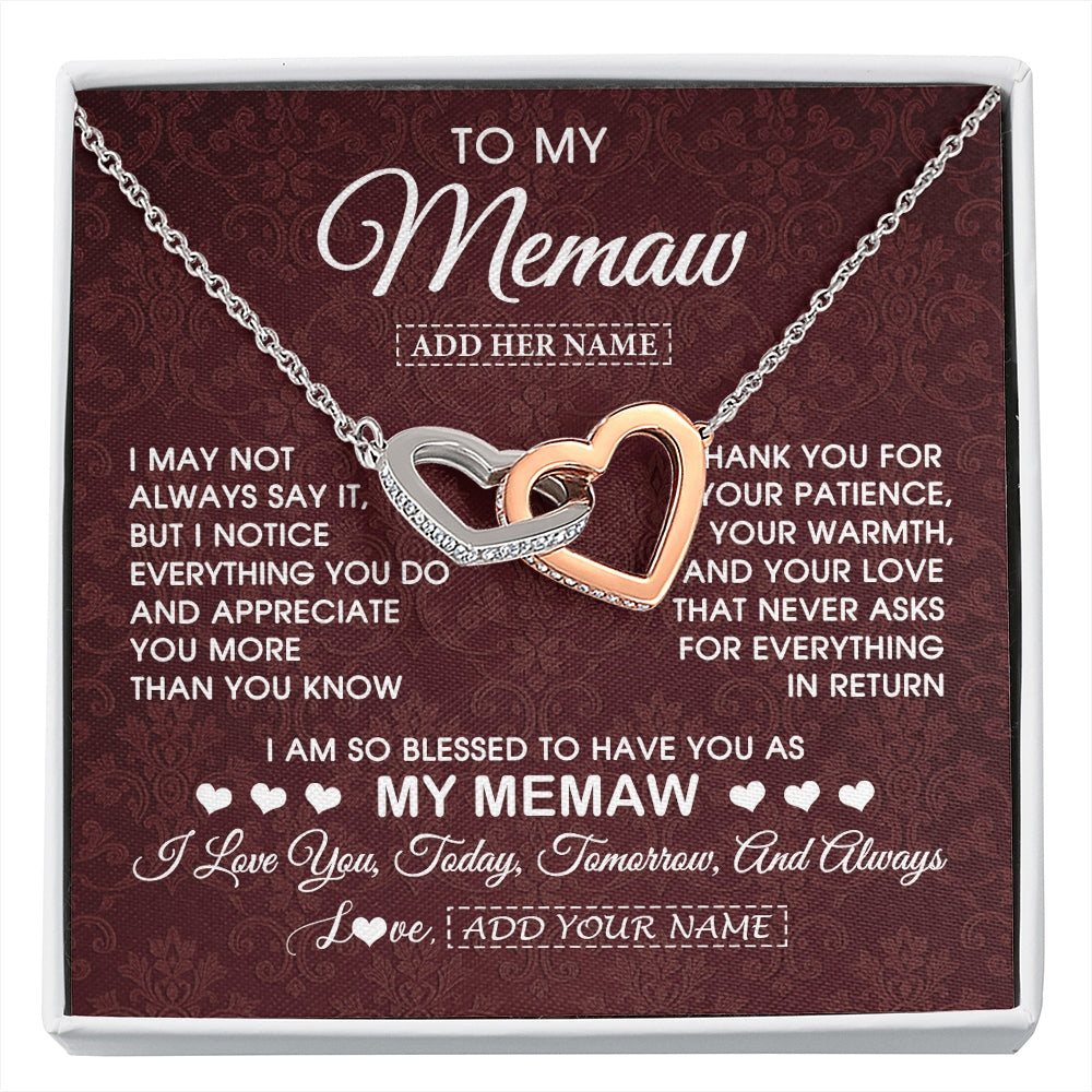 Interlocking Hearts Necklace Stainless Steel & Rose Gold Finish | 1 | Personalized To My Memaw Gifts From Granddaughter Necklace Meaningful Jewelry Pendant Gifts For Memaw Mothers Day Birthday Christmas Gift Box Message Card | https://siriusteestore.