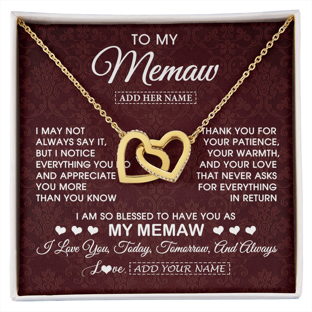 Interlocking Hearts Necklace 18K Yellow Gold Finish | 1 | Personalized To My Memaw Gifts From Granddaughter Necklace Meaningful Jewelry Pendant Gifts For Memaw Mothers Day Birthday Christmas Gift Box Message Card | https://siriusteestore.
