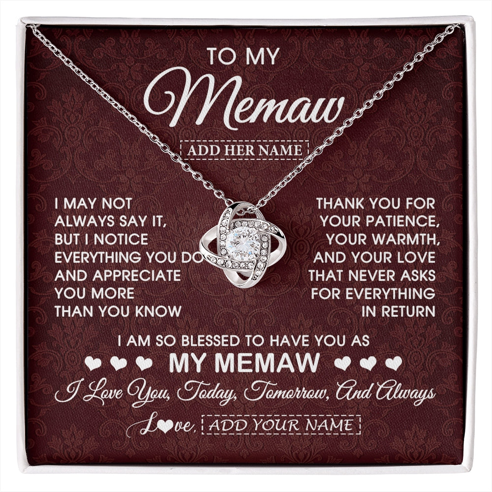 Love Knot Necklace 14K White Gold Finish | 1 | Personalized To My Memaw Gifts From Granddaughter Necklace Meaningful Jewelry Pendant Gifts For Memaw Mothers Day Birthday Christmas Gift Box Message Card | https://siriusteestore.