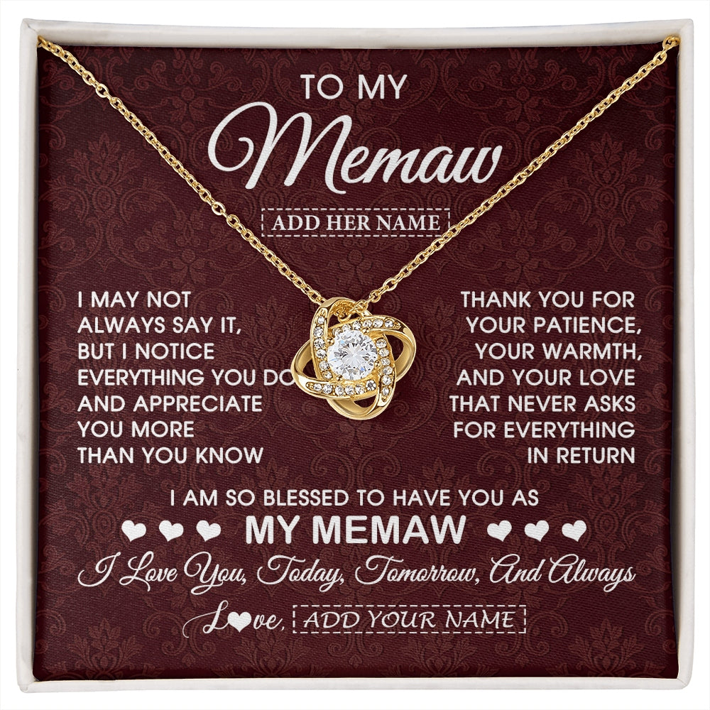 Love Knot Necklace 18K Yellow Gold Finish | 1 | Personalized To My Memaw Gifts From Granddaughter Necklace Meaningful Jewelry Pendant Gifts For Memaw Mothers Day Birthday Christmas Gift Box Message Card | https://siriusteestore.
