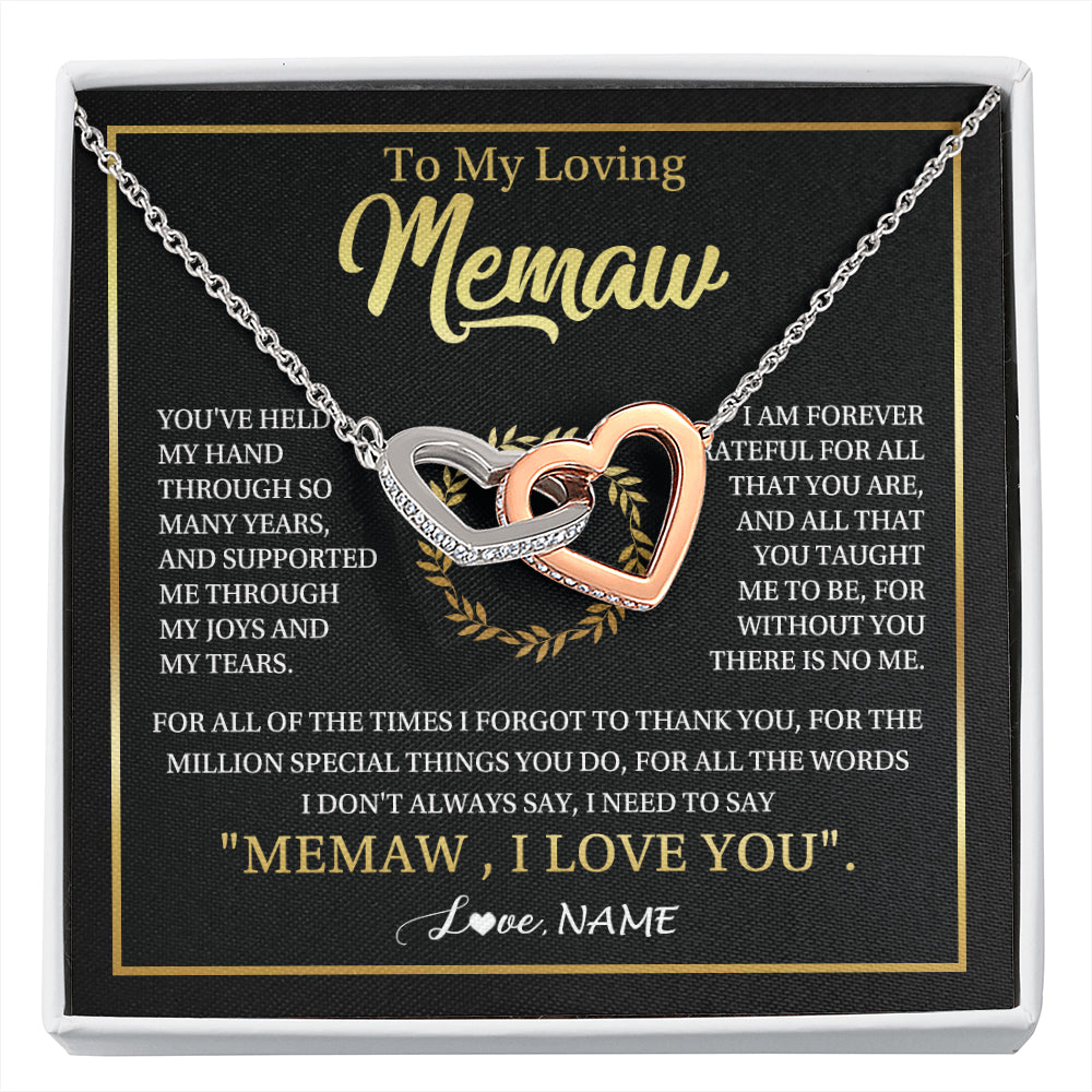 Interlocking Hearts Necklace Stainless Steel & Rose Gold Finish | 1 | Personalized To My Memaw Gifts Necklace From Granddaughter Grandson Grateful Thank You Memaw Birthday Mothers Day Jewelry Customized Gift Box Message Card | siriusteestore
