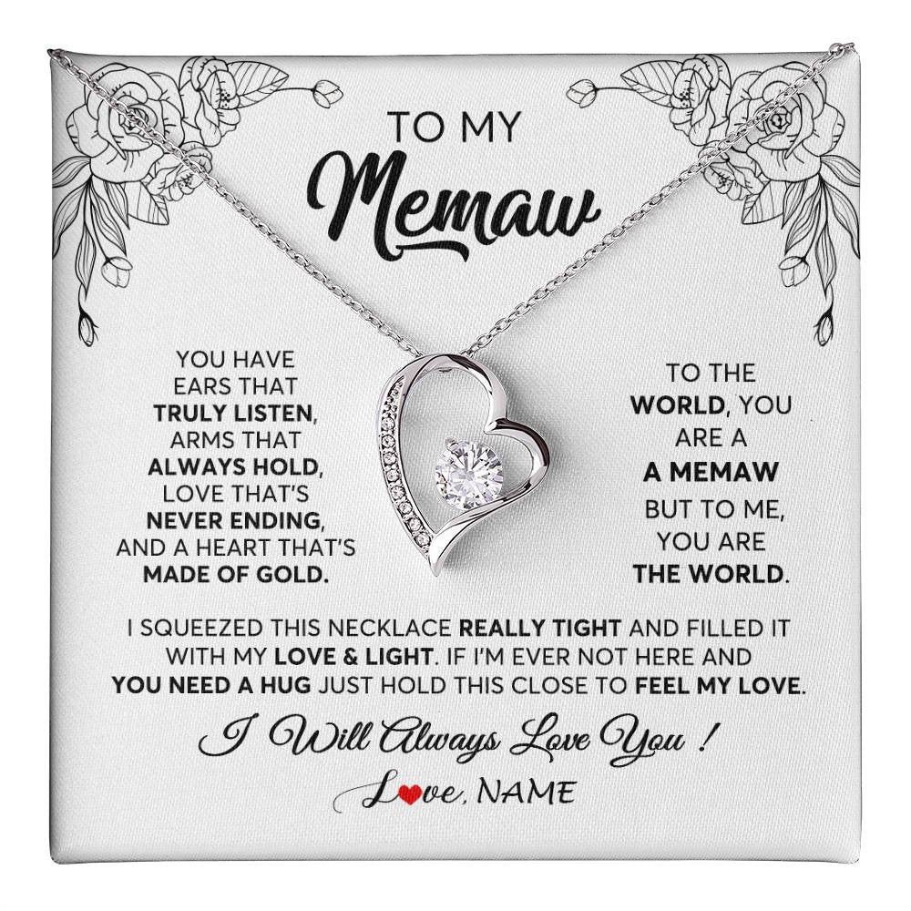 Forever Love Necklace 14K White Gold Finish | 1 | Personalized To My Memaw Necklace From Grandkids Granddaughter Hold This Close Feel My Love Memaw Birthday Mothers Day Jewelry Customized Gift Box Message Card | siriusteestore