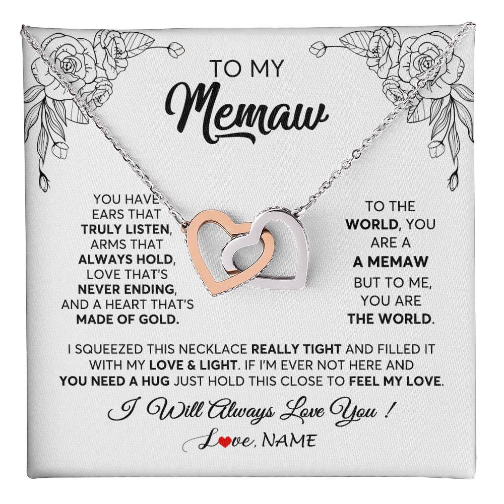 Interlocking Hearts Necklace Stainless Steel & Rose Gold Finish | 1 | Personalized To My Memaw Necklace From Grandkids Granddaughter Hold This Close Feel My Love Memaw Birthday Mothers Day Jewelry Customized Gift Box Message Card | siriusteestore