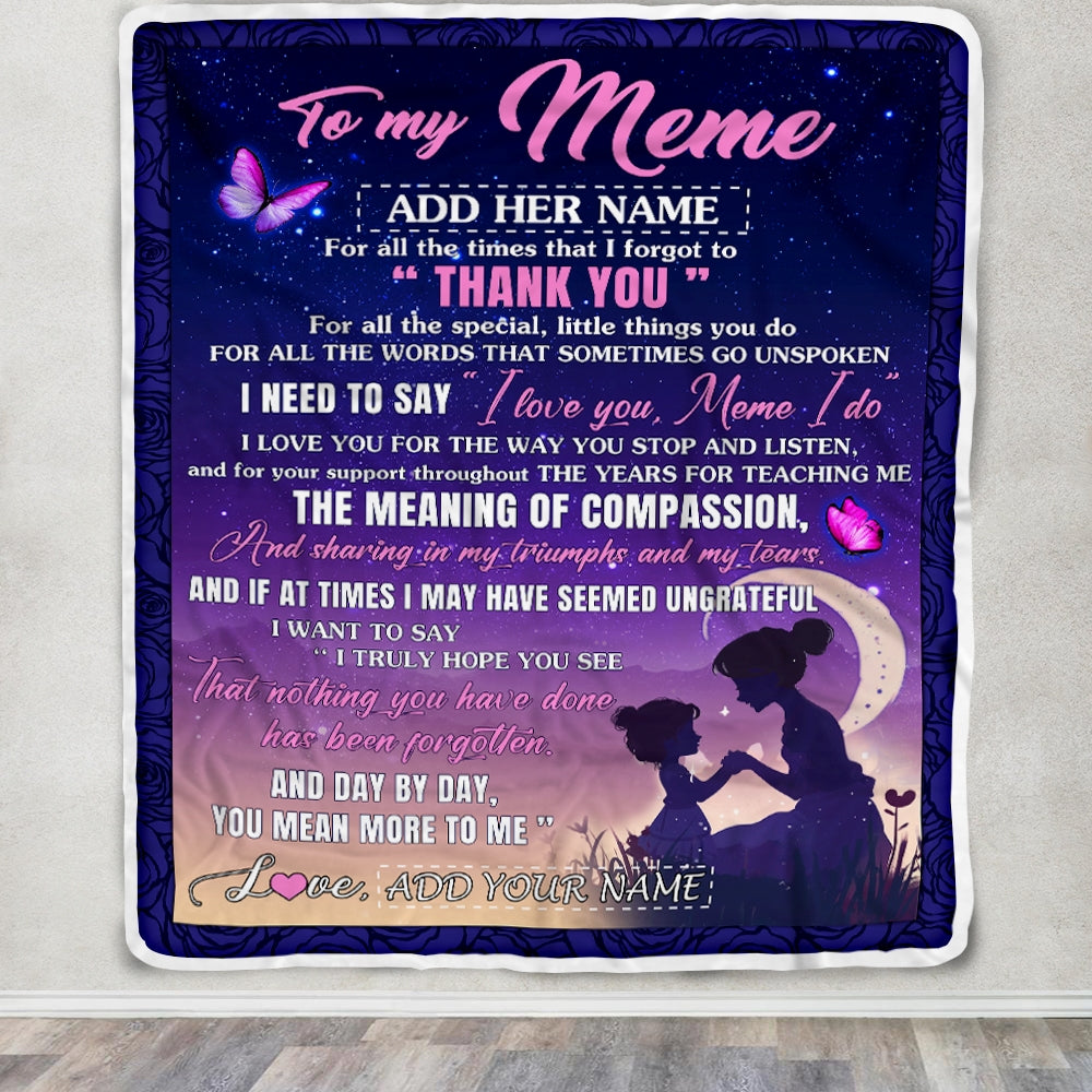 Personalized To My Meme Blanket From Grandkids Granddaughter Night Sky Thank You Love You Meme Birthday Gifts Mothers Day Christmas Customized Fleece Blanket | siriusteestore
