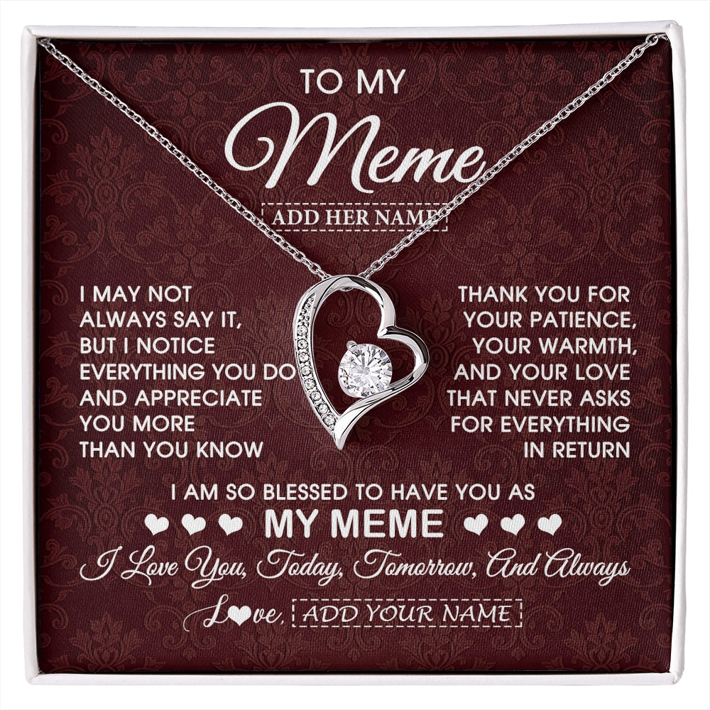 Forever Love Necklace 14K White Gold Finish | 1 | Personalized To My Meme Gifts From Granddaughter Necklace Meaningful Jewelry Pendant Gifts For Meme Mothers Day Birthday Christmas Custom Gift Box Message Card | https://siriusteestore.