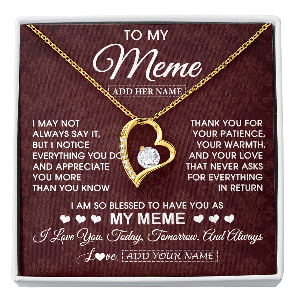 Forever Love Necklace 18K Yellow Gold Finish | 1 | Personalized To My Meme Gifts From Granddaughter Necklace Meaningful Jewelry Pendant Gifts For Meme Mothers Day Birthday Christmas Custom Gift Box Message Card | https://siriusteestore.