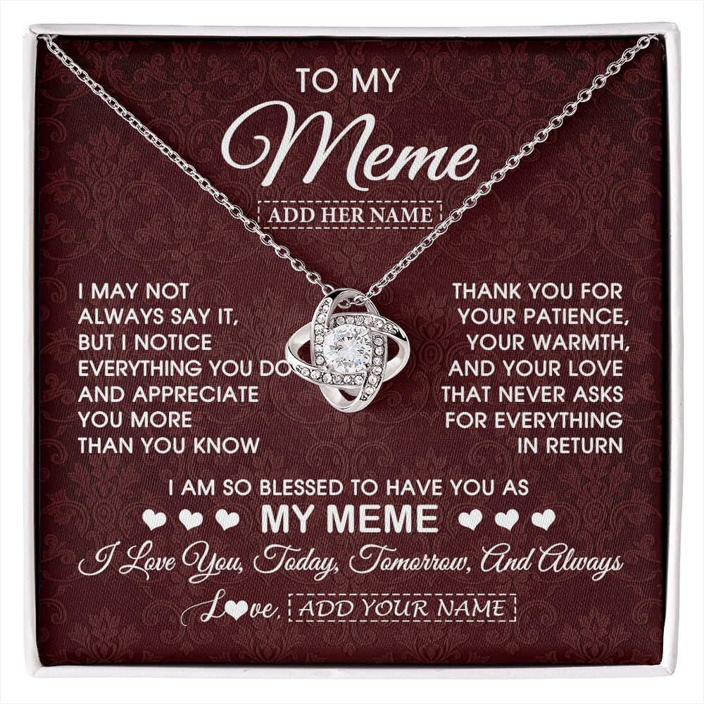 Love Knot Necklace 14K White Gold Finish | 1 | Personalized To My Meme Gifts From Granddaughter Necklace Meaningful Jewelry Pendant Gifts For Meme Mothers Day Birthday Christmas Custom Gift Box Message Card | https://siriusteestore.